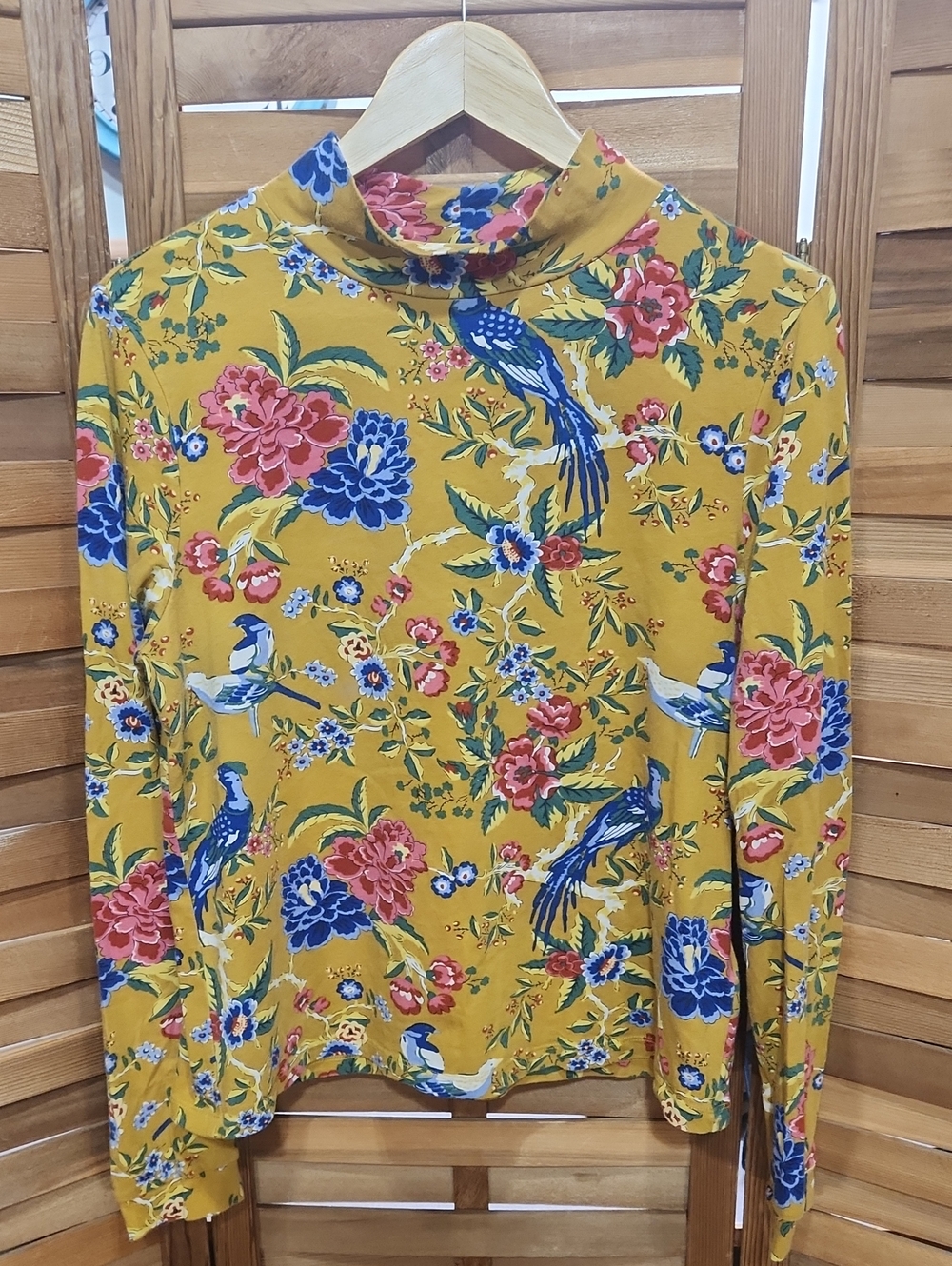 Maeve by Anthropologie Mustard Yellow Floral Bird Long-Sleeve Tee Women L